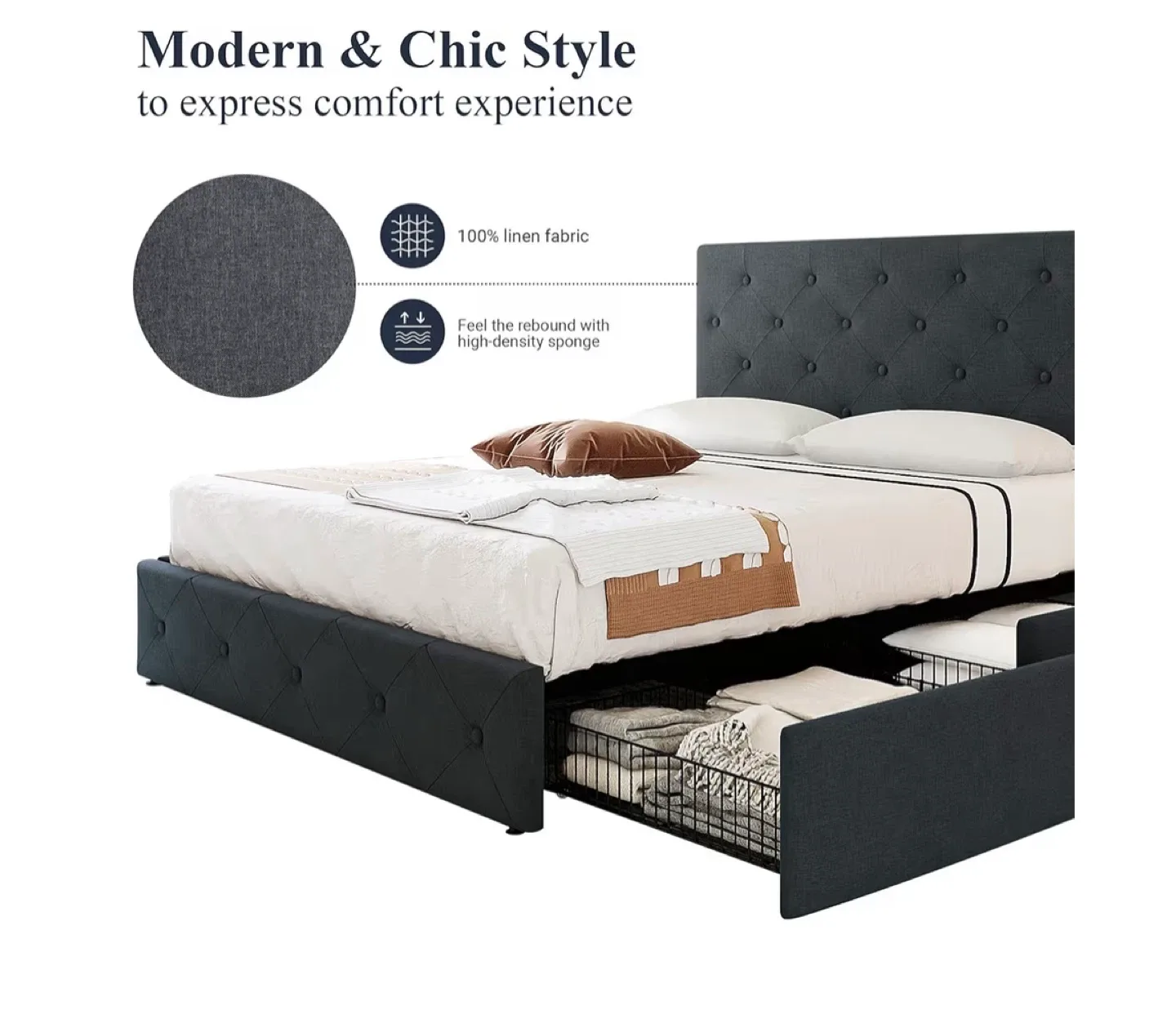 Queen Size Bed Frame with Drawers - Gray image indicator(3)