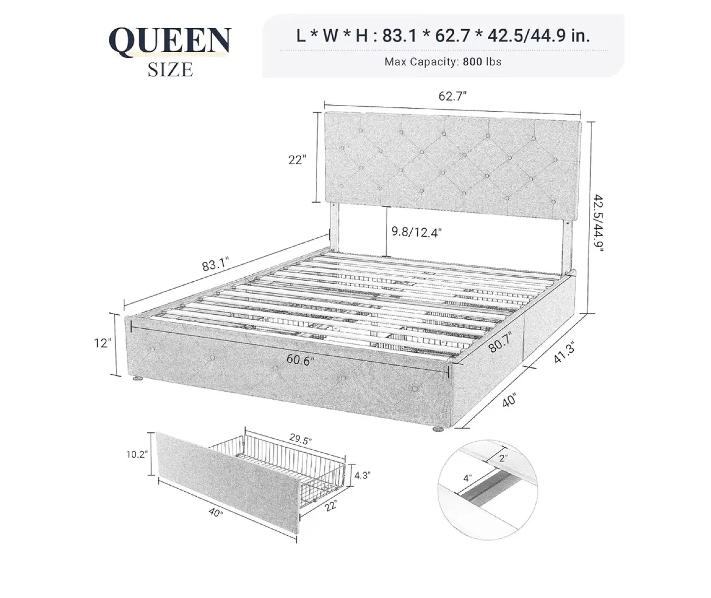 Queen Size Bed Frame with Drawers - Gray image indicator(2)