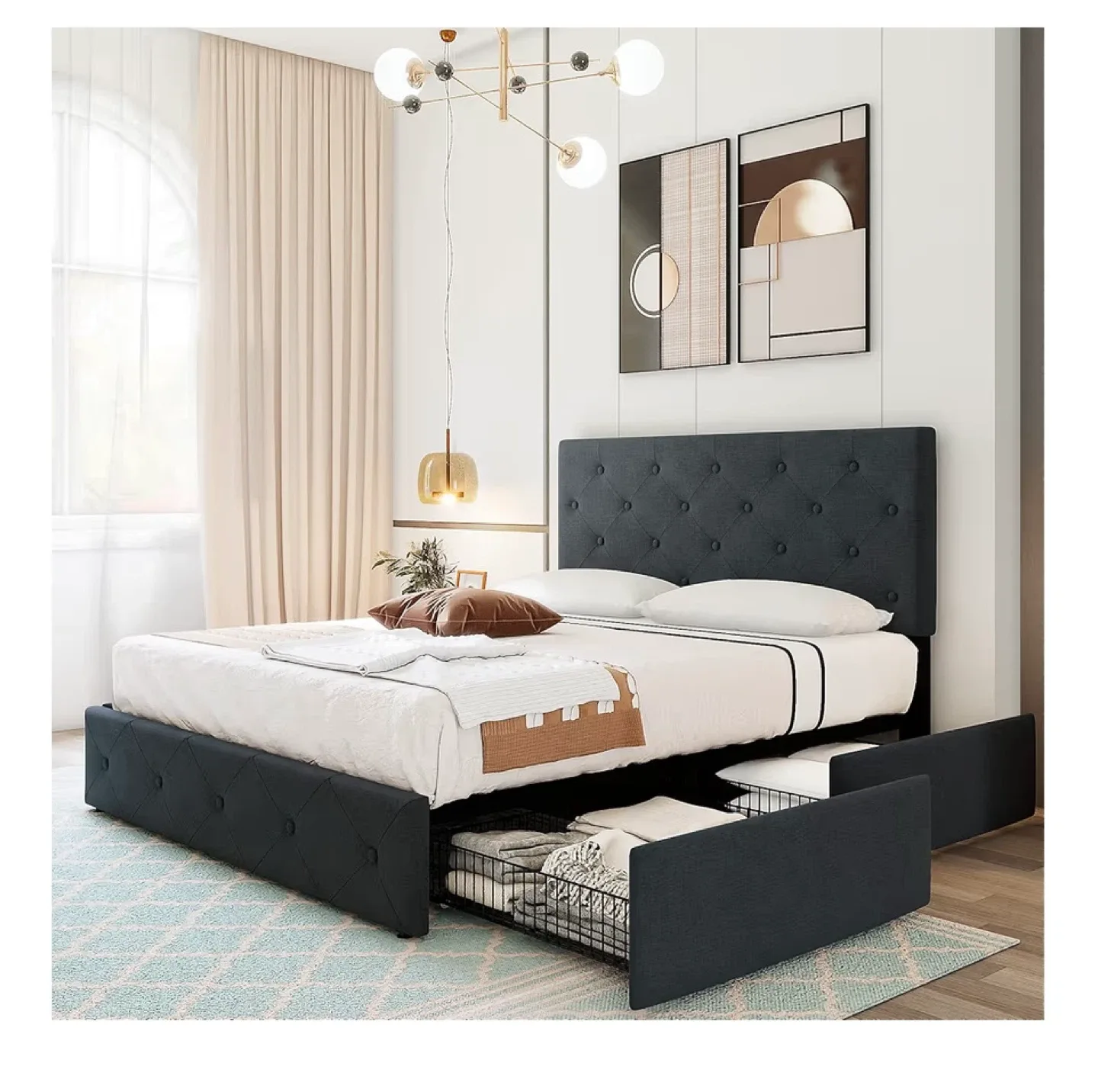 Queen Size Bed Frame with Drawers - Gray image indicator(4)