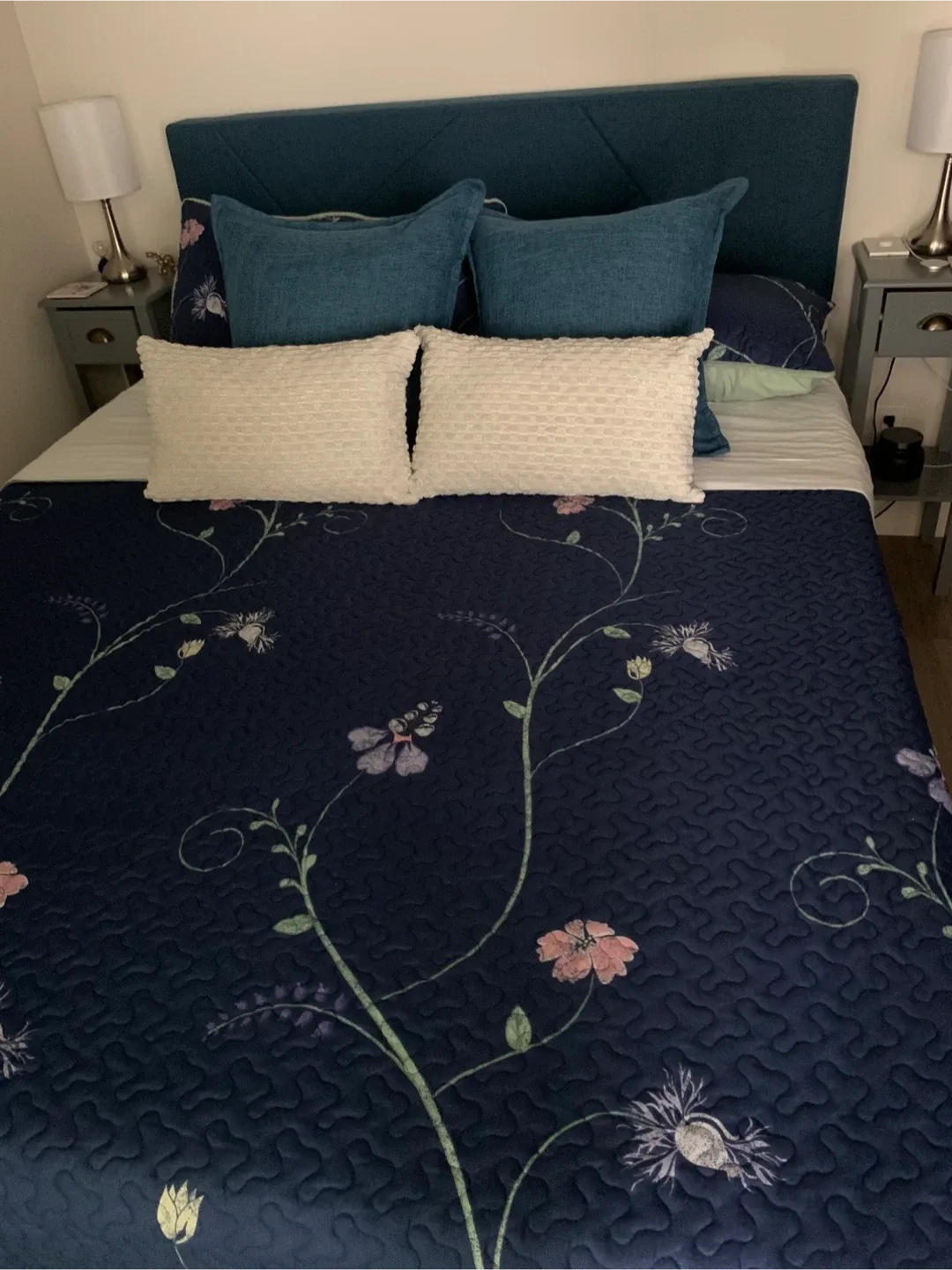 Upholstered Queen Bedframe + Floral Quilted Bedspread