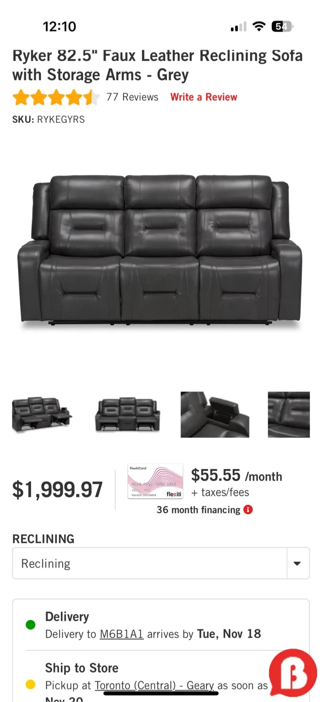 Ryker 82.5" Faux Leather Reclining Sofa - Grey image indicator(5)