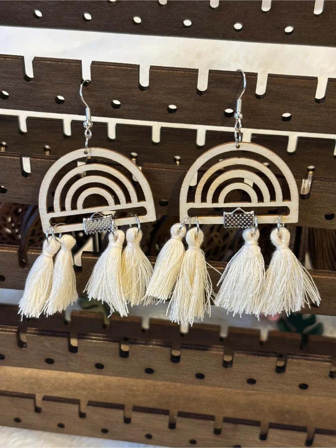 Handmade Wood & Tassel Earrings