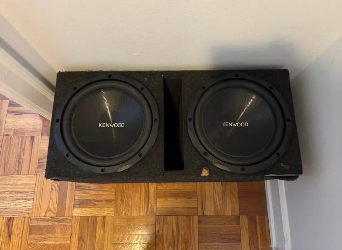 Two 12 inch Kenwood subwoofers with a 1000 watt Kenwood Amp image indicator(3)