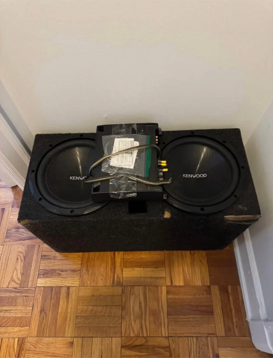 Two 12 inch Kenwood subwoofers with a 1000 watt Kenwood Amp image indicator(2)