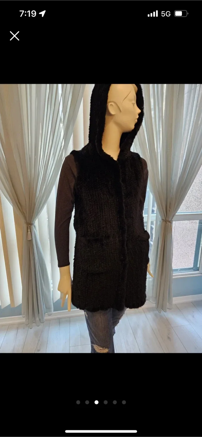Mink Black Fur Vest with Hood thumbnail