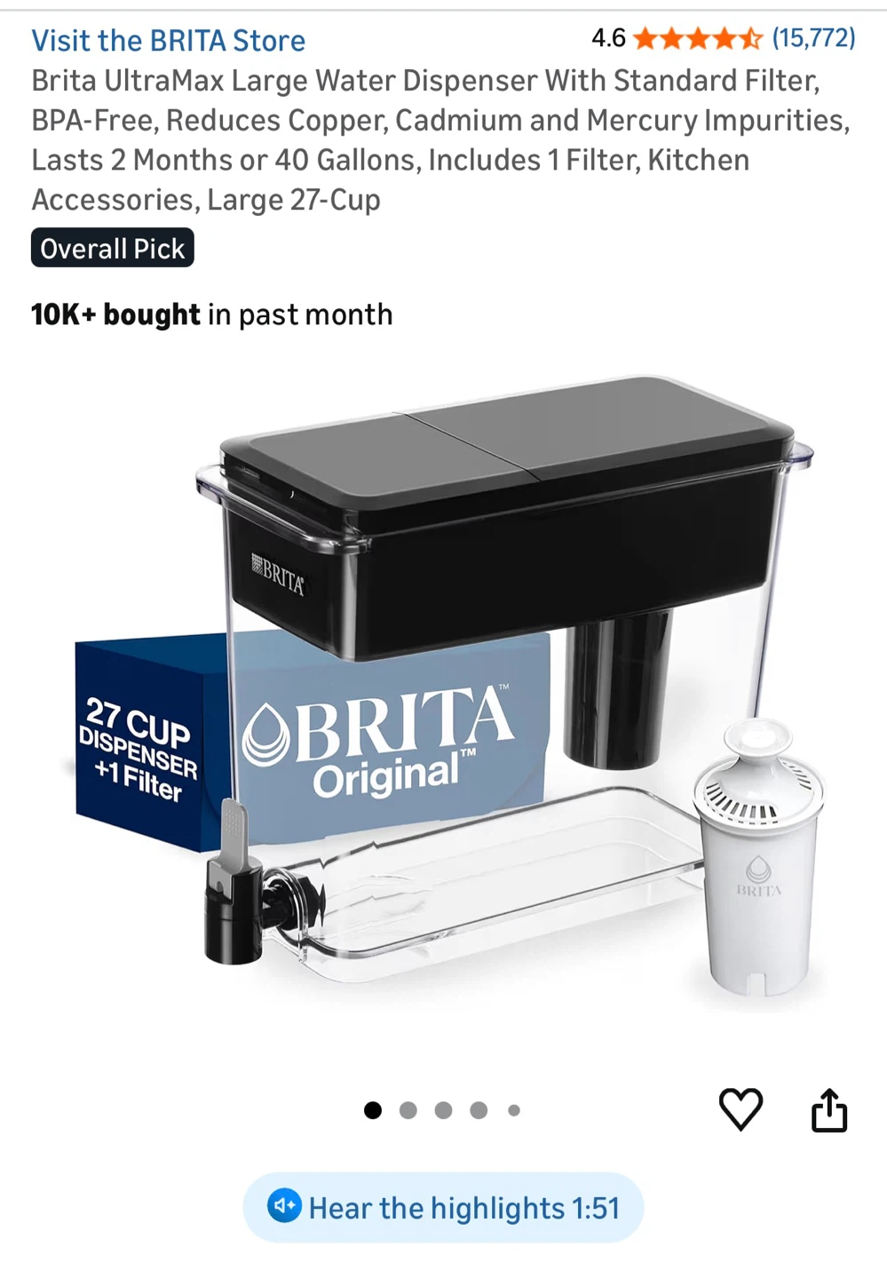 Brita UltraMax Large 27-Cup Water Dispenser + 3 Filters
