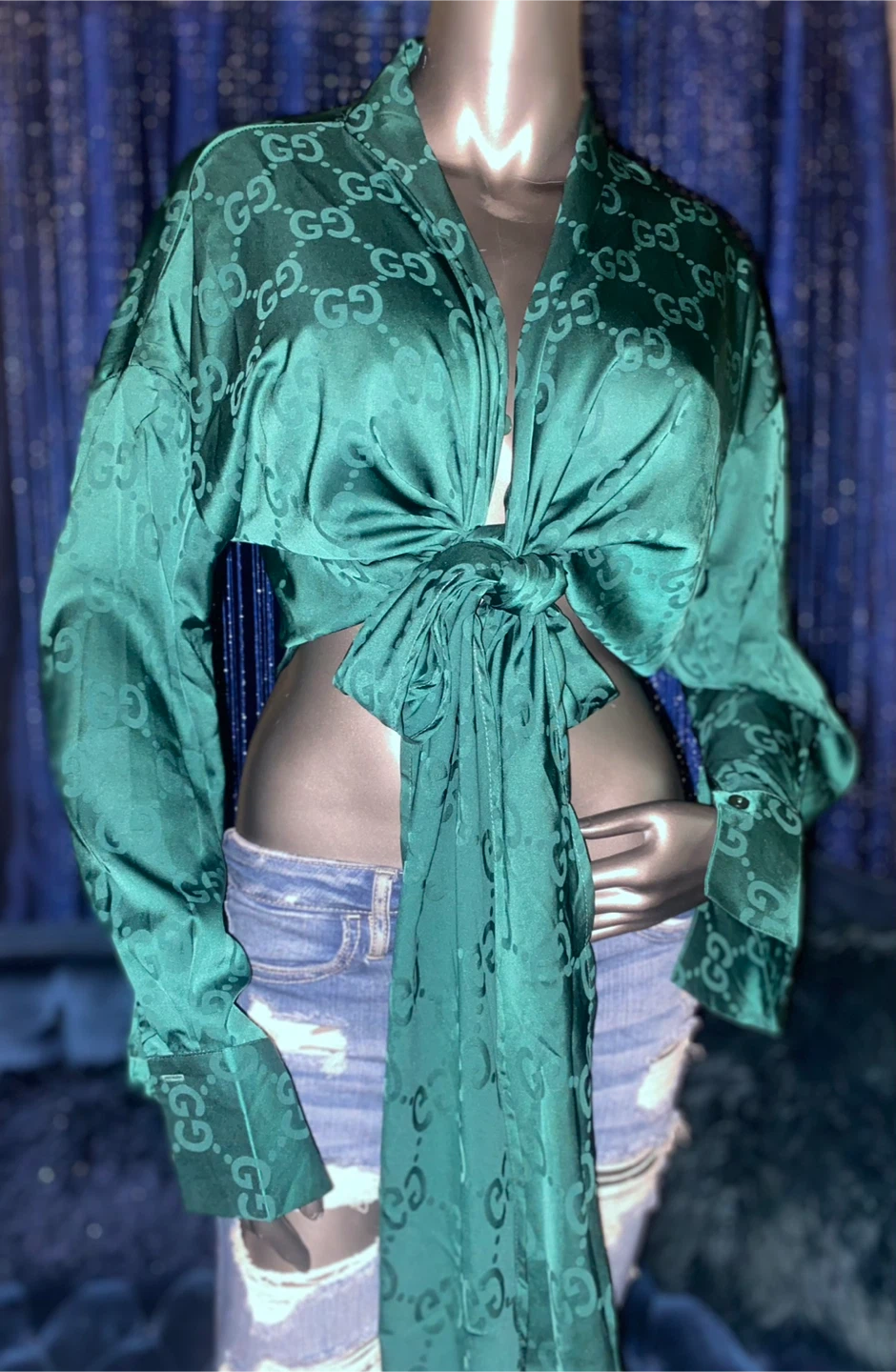 Gucci Green Silk Blend Wrap Top