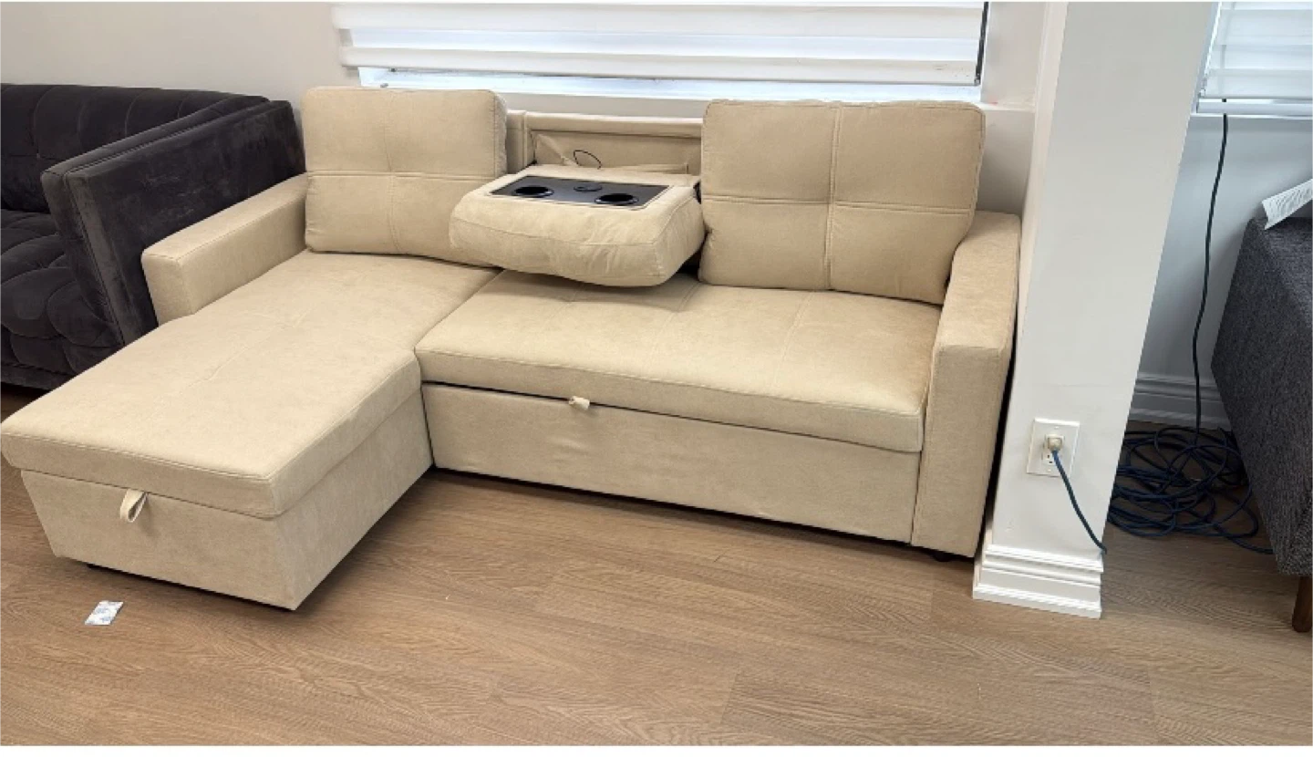 Beige Sofa Bed with Storage & Cupholders