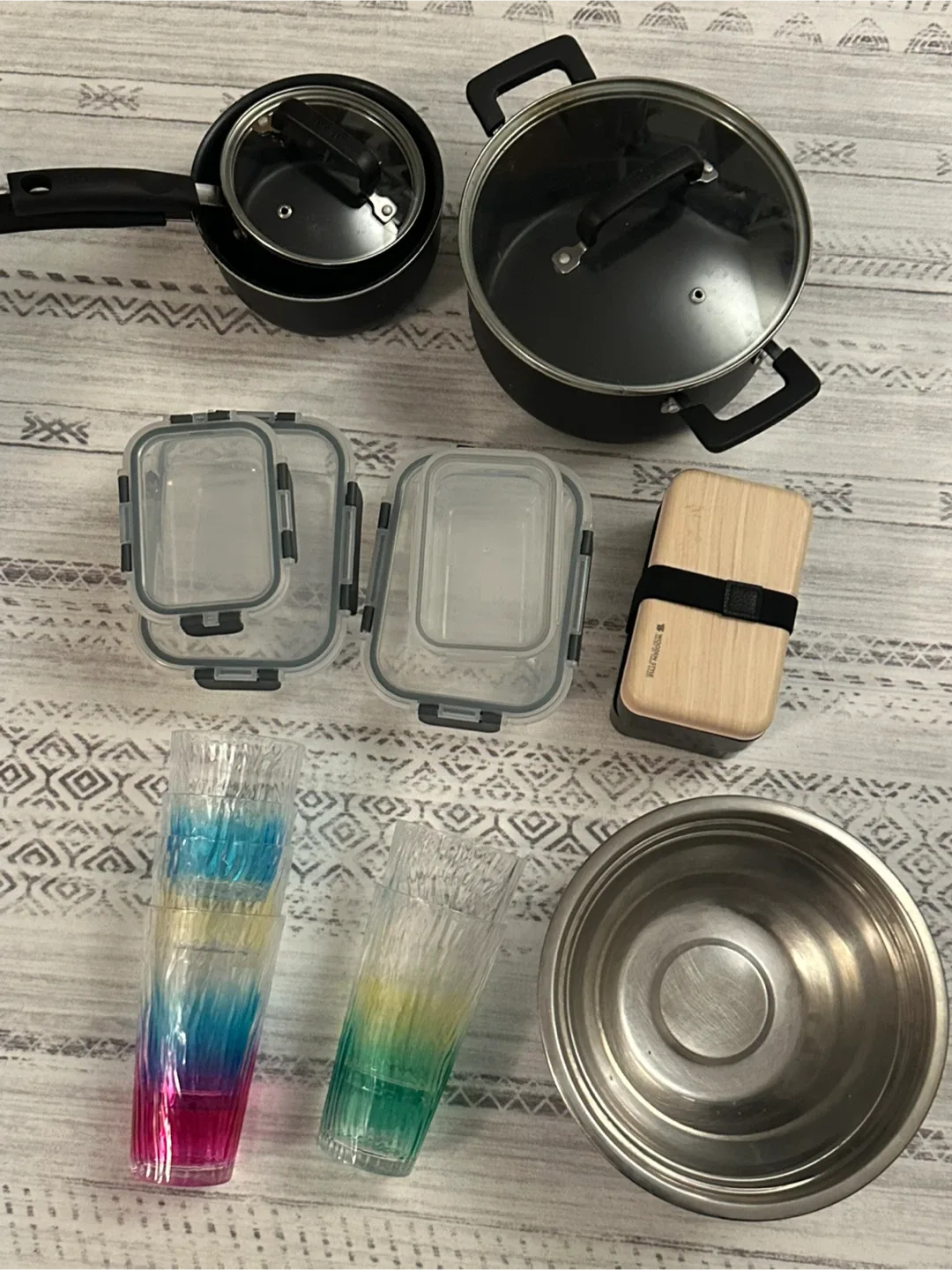 Mixed Kitchenware Set: Containers, Glasses, Bento Box, Cookware