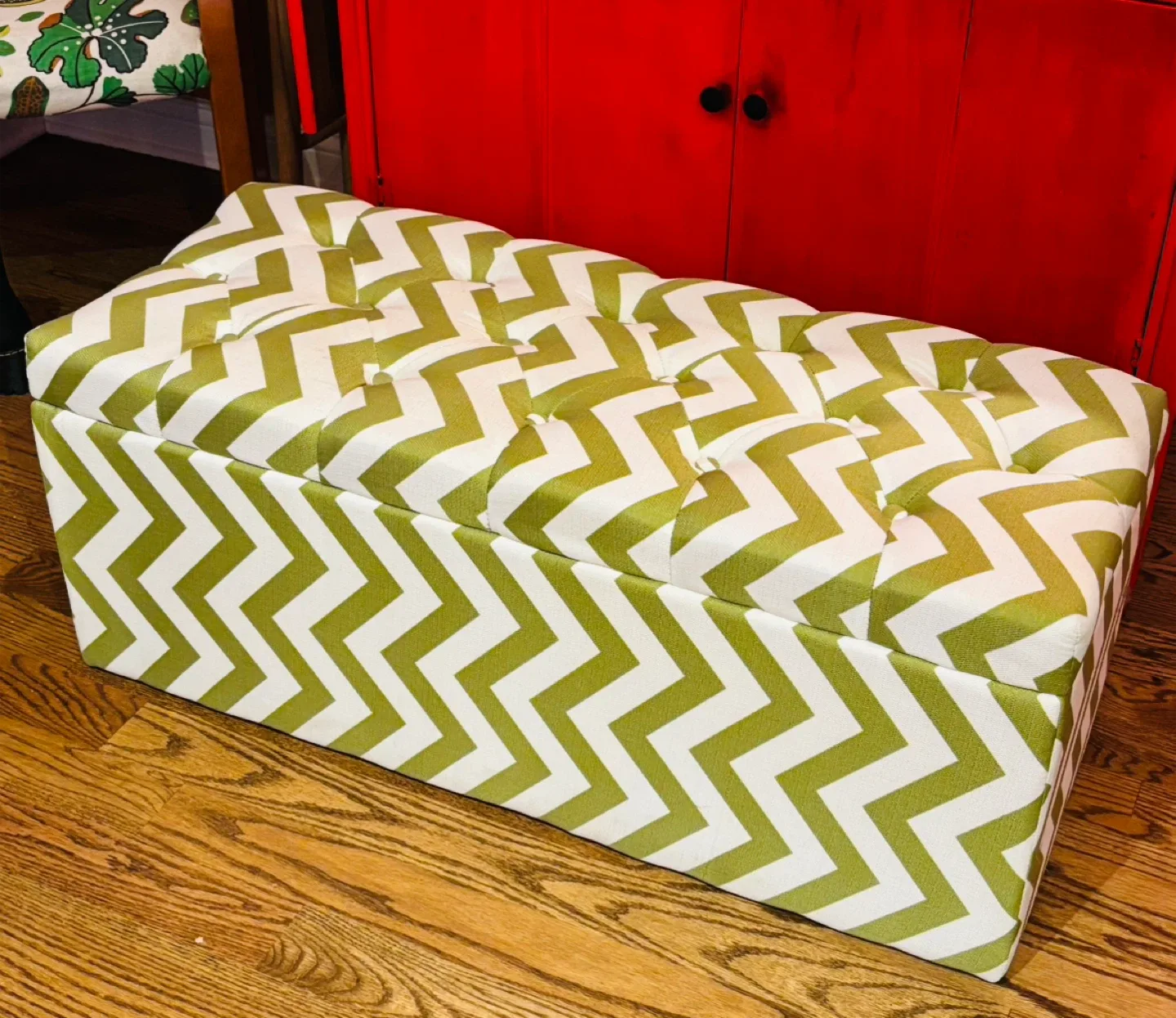 Upholstered flip-top storage bench, green and white chevron