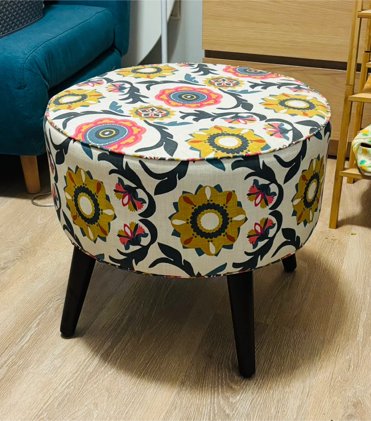 Cute and colorful upholstered ottoman