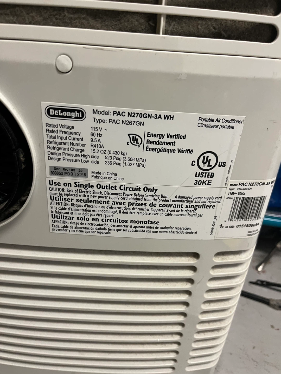 DeLonghi PAC N270GN-3A WH Portable Air Conditioner - photo 2