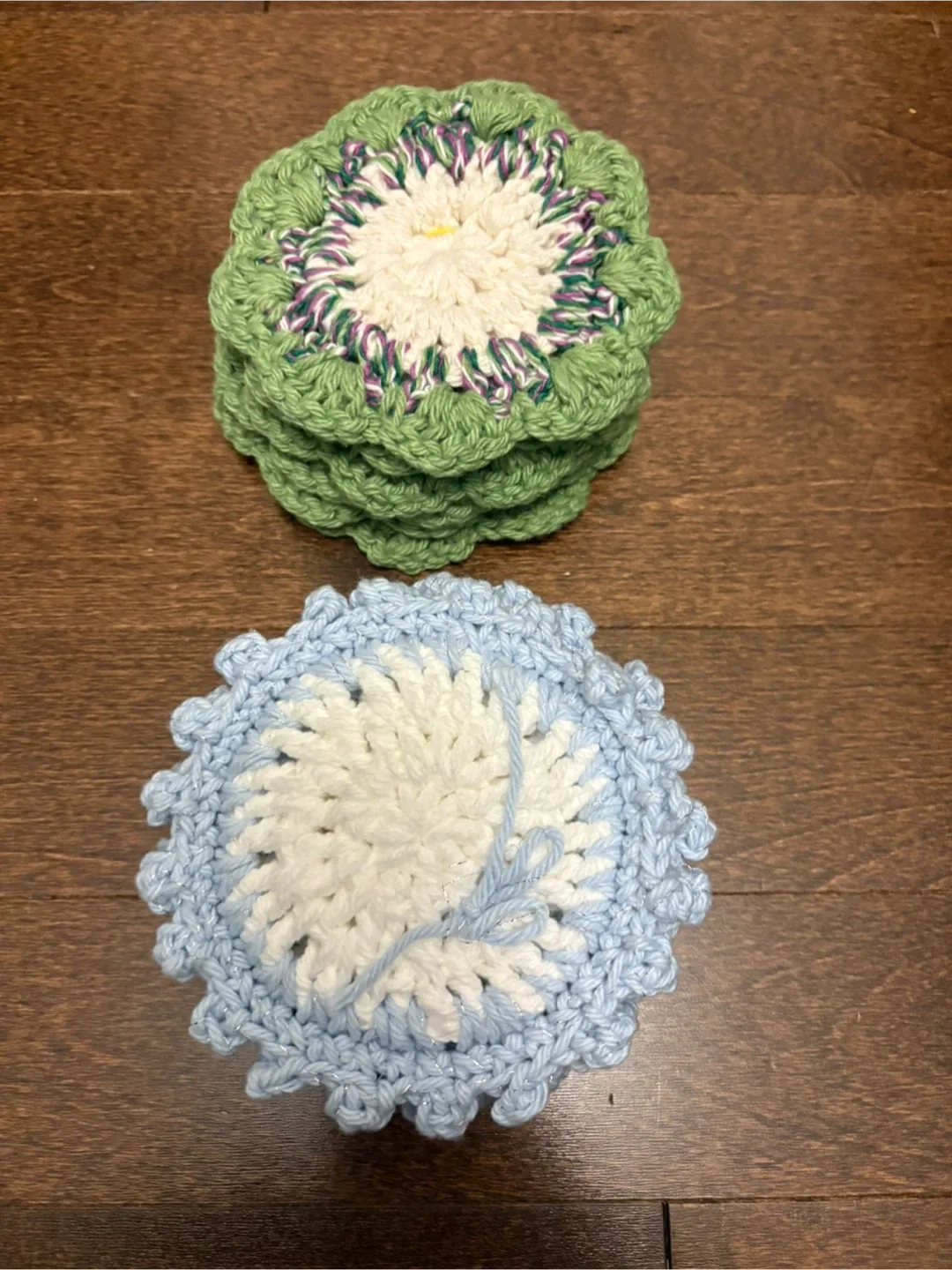Handmade Crochet Coasters, Green & Blue