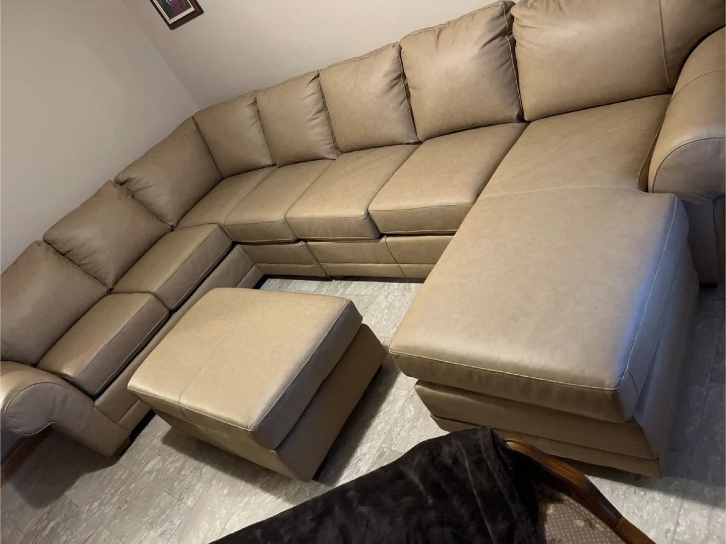 U shape Tan Leather Sectional Couch with Ottoman image indicator(3)