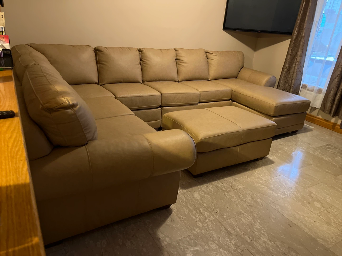 XL Tan Leather Sectional Couch with Ottoman