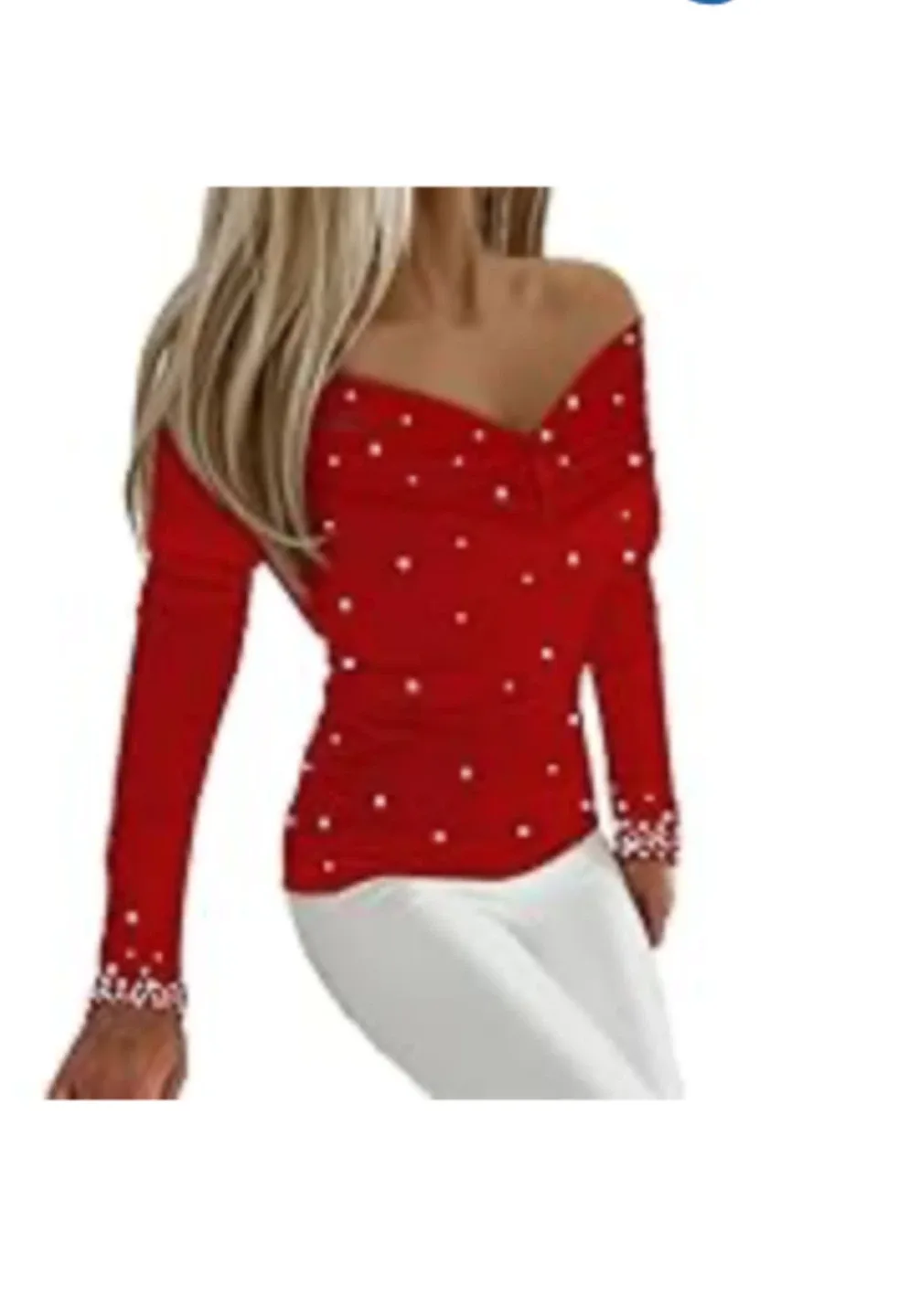 Red Off-Shoulder Top with Pearl Detail