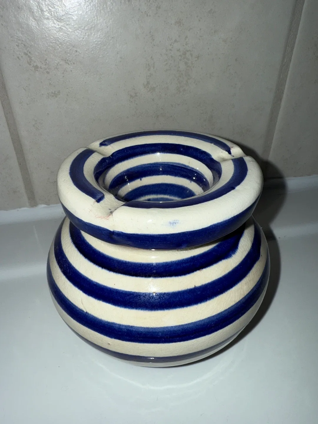 Striped Ceramic Ashtray - Blue & White