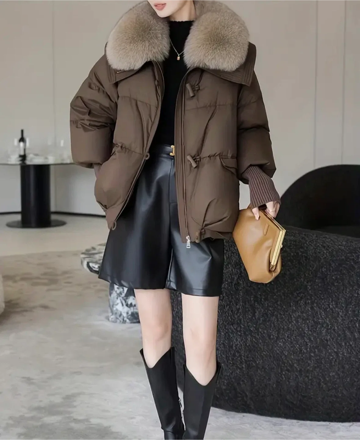 Brown Puffer Jacket with Fur Collar image indicator(6)