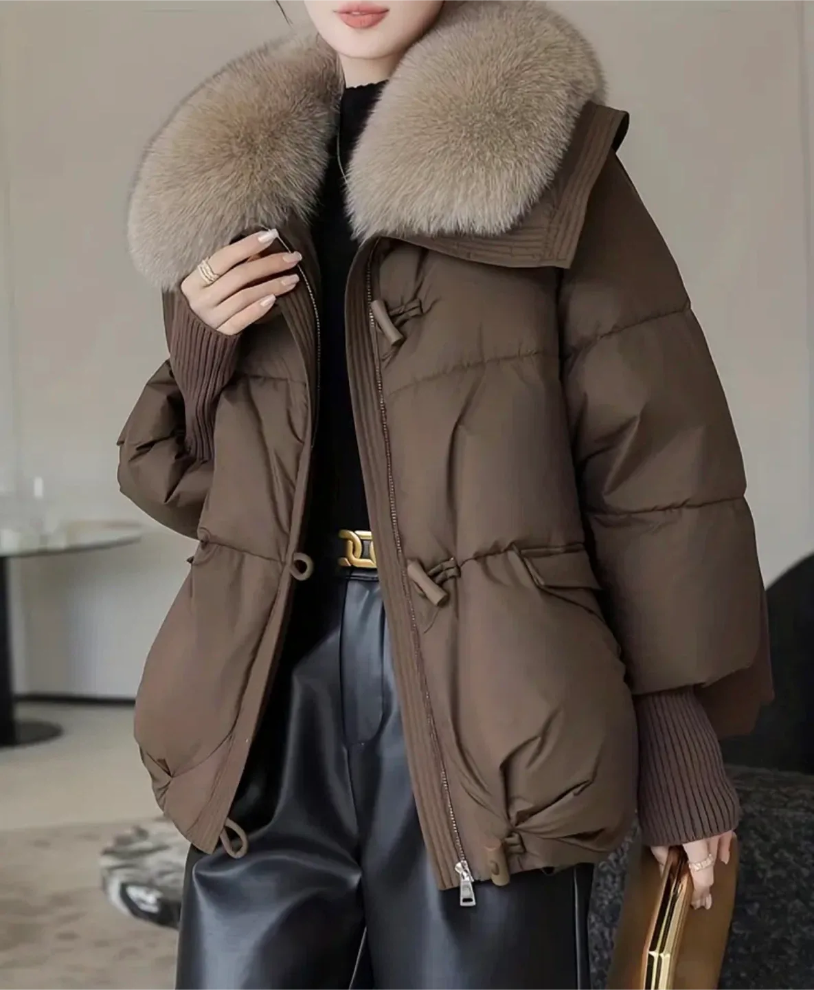 Brown Puffer Jacket with Fur Collar image indicator(4)