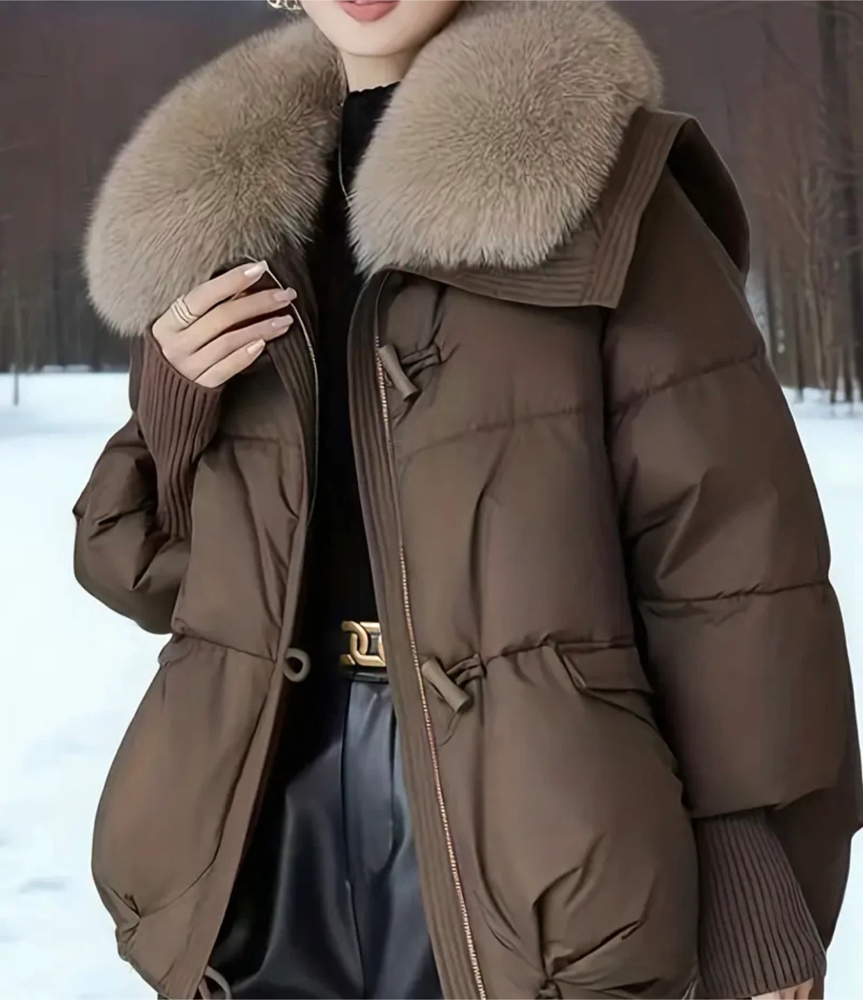 Brown Puffer Jacket with Fur Collar