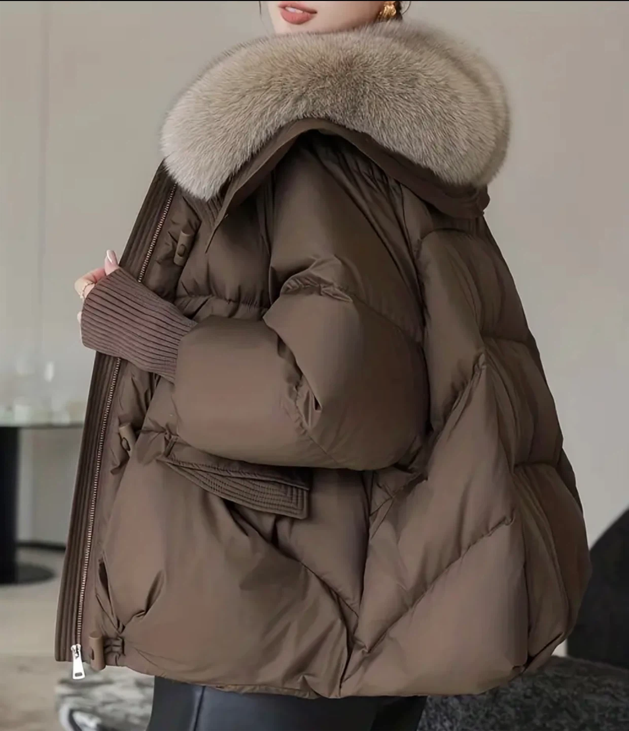 Brown Puffer Jacket with Fur Collar - photo 2
