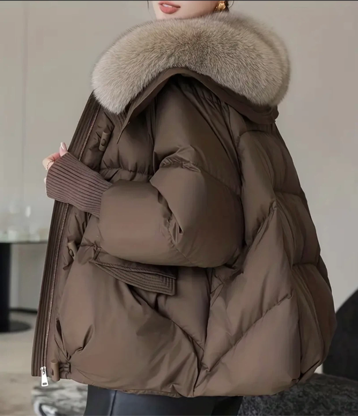 Brown Puffer Jacket with Fur Collar - photo 2