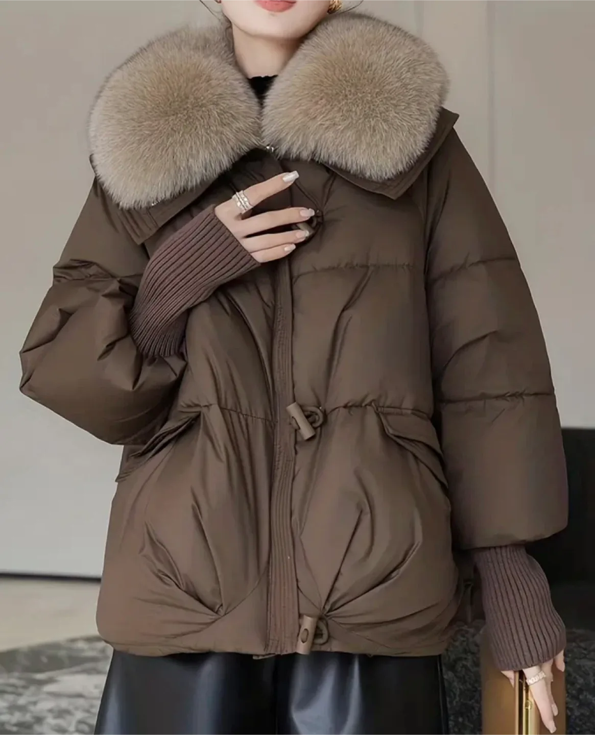 Brown Puffer Jacket with Fur Collar image indicator(3)