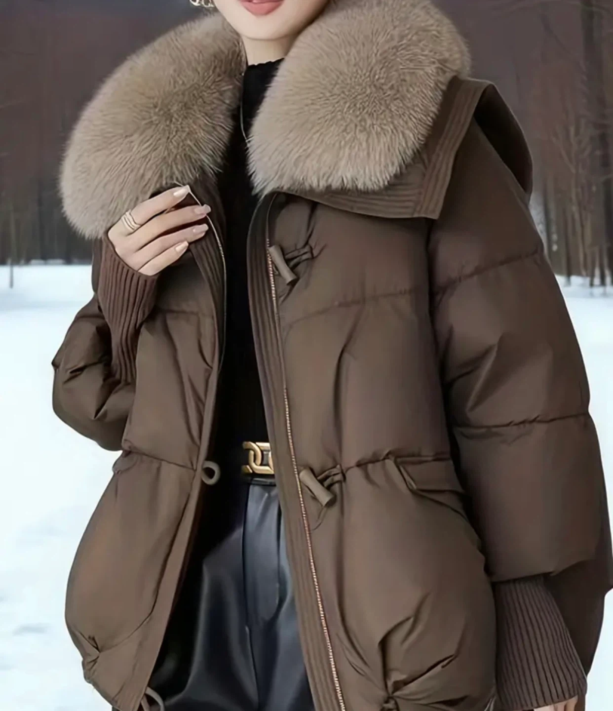 Brown Puffer Jacket with Fur Collar