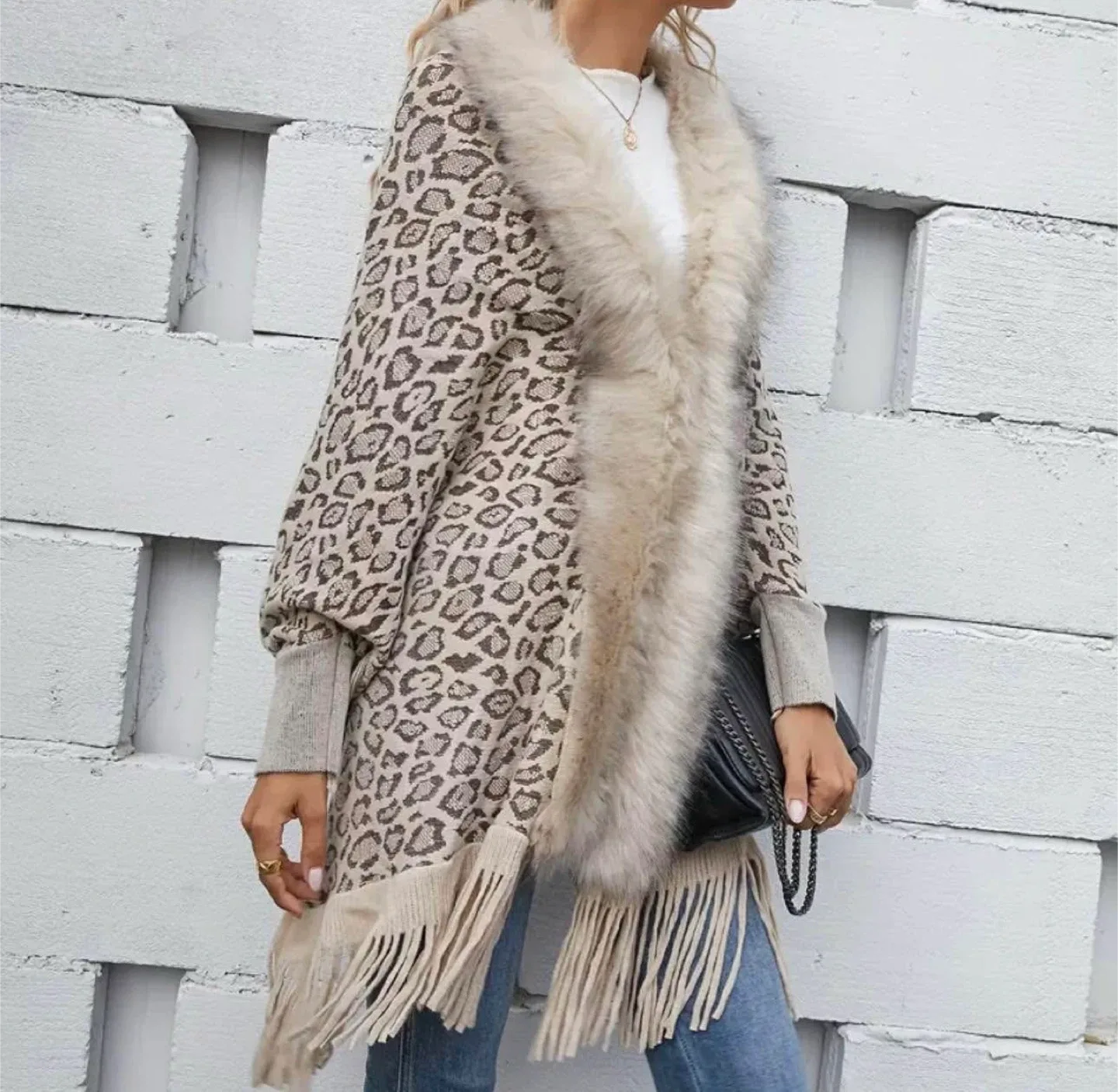 Leopard Print Faux Fur Trim Poncho image indicator(5)