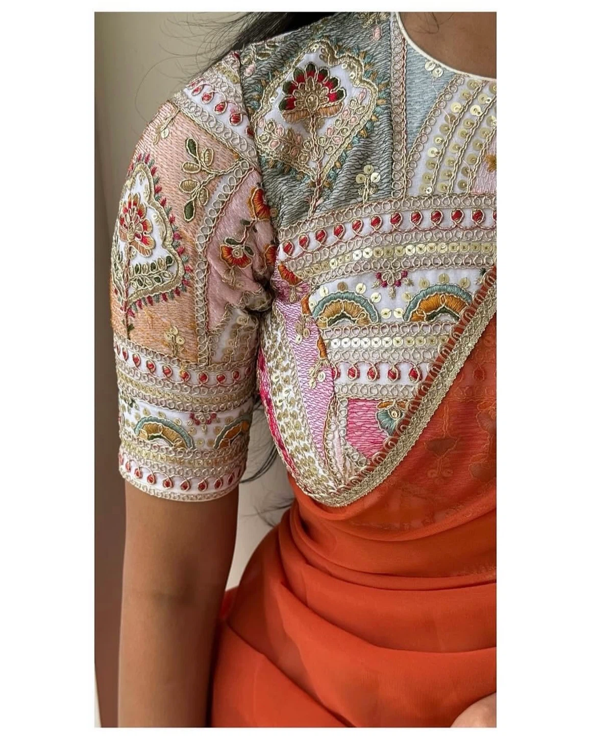 Embroidered Blouse & Orange Saree