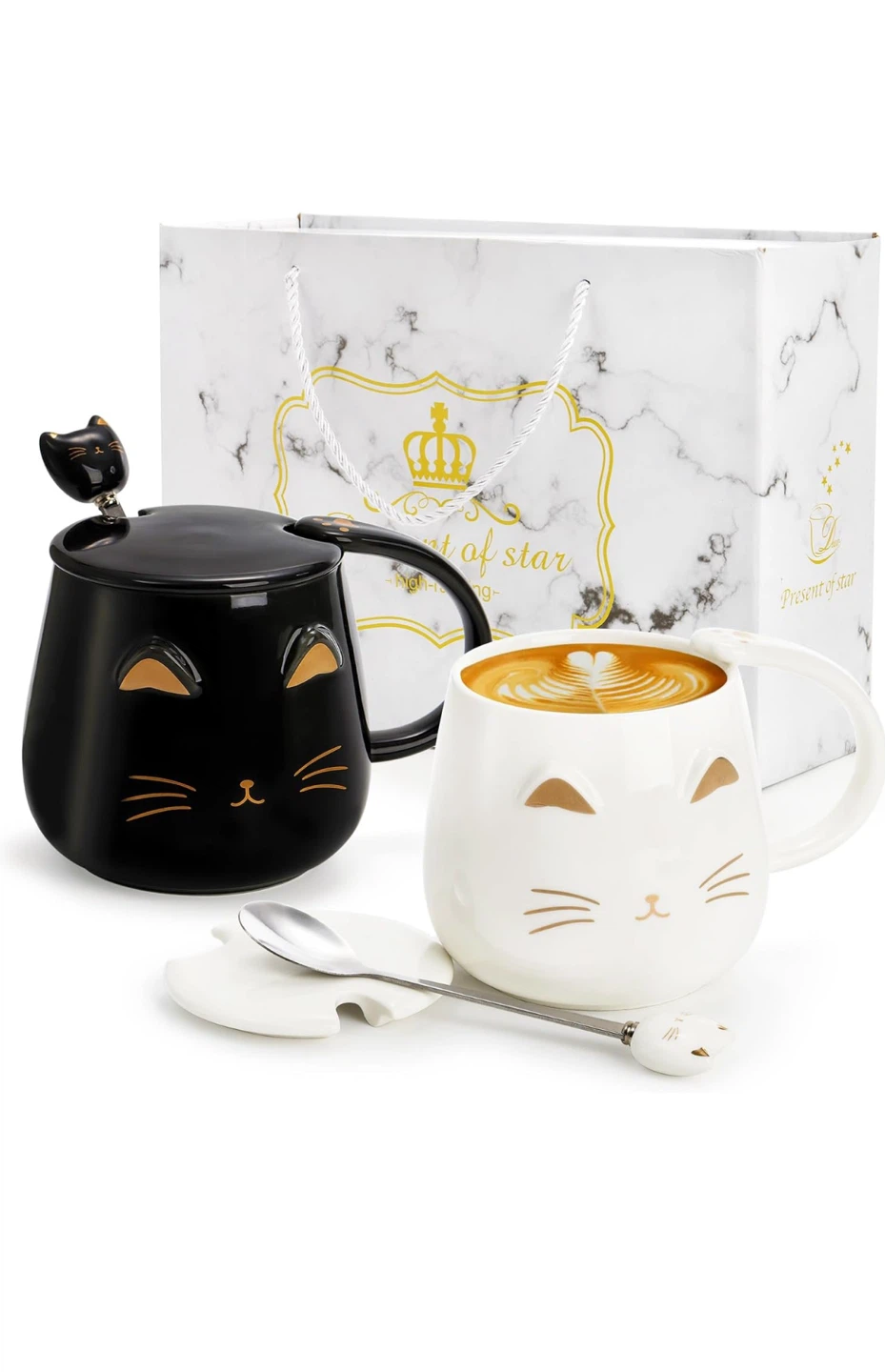 Set of 2 Cat Mugs with Lids & Spoons - Black & White - photo 2