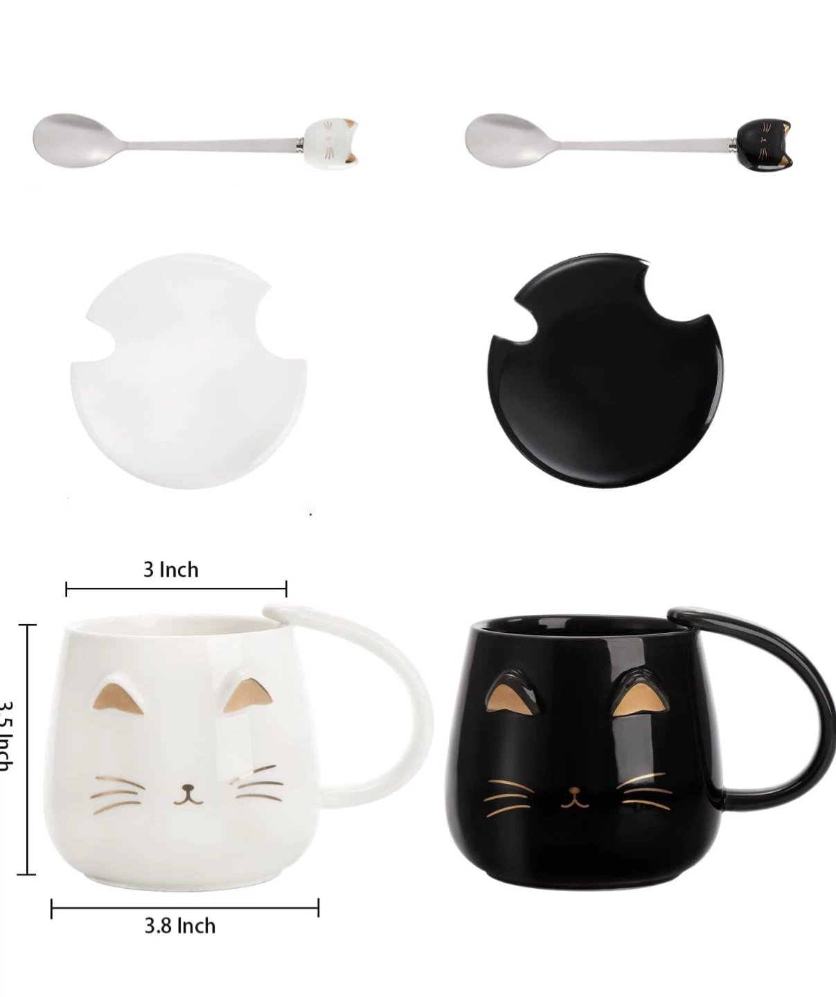 Set of 2 Cat Mugs with Lids & Spoons - Black & White - photo 4