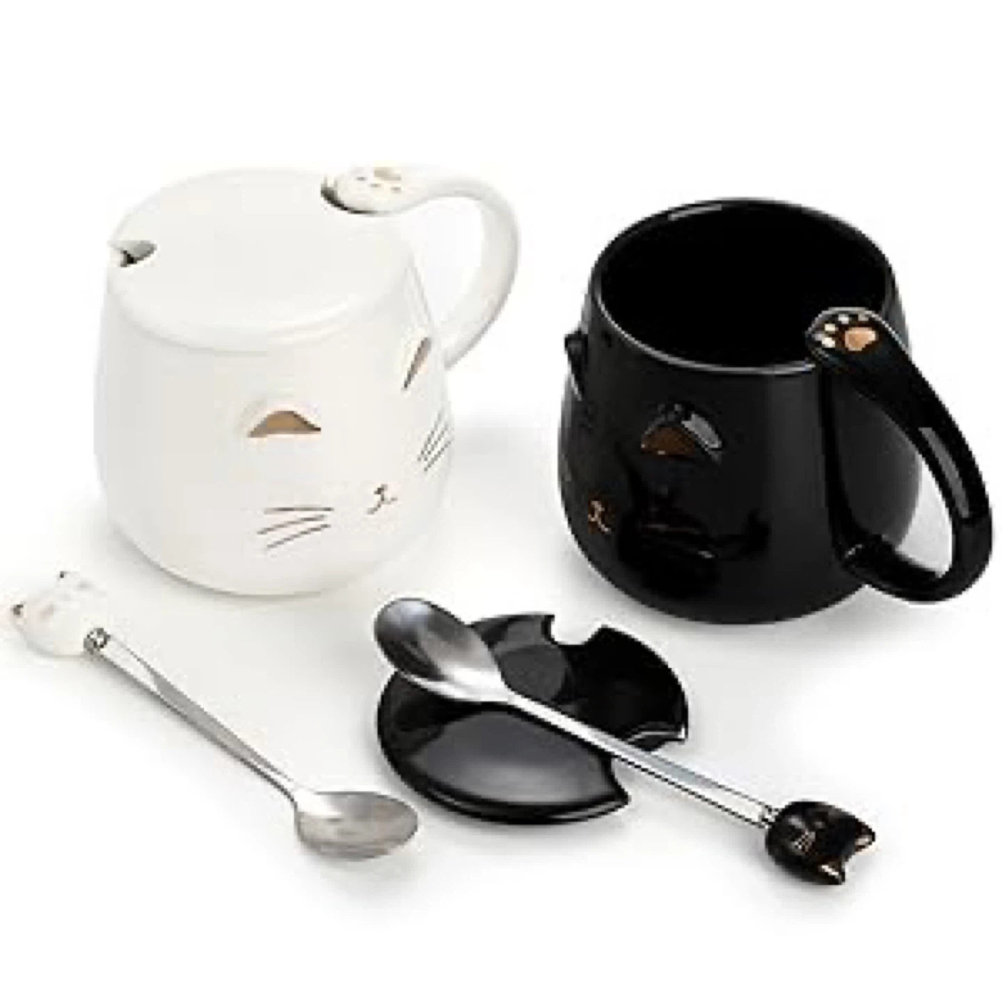 Set of 2 Cat Mugs with Lids & Spoons - Black & White