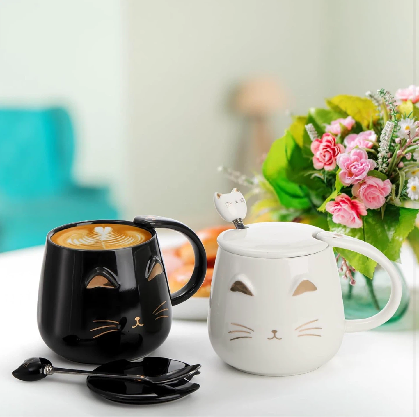 Set of 2 Cat Mugs with Lids & Spoons - Black & White - photo 3