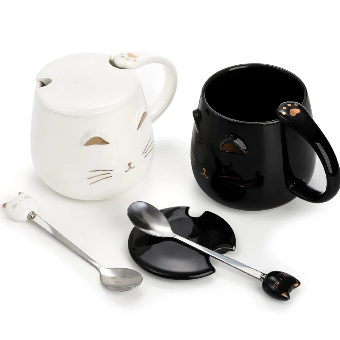 Set of 2 Cat Mugs with Lids & Spoons - Black & White - photo 5