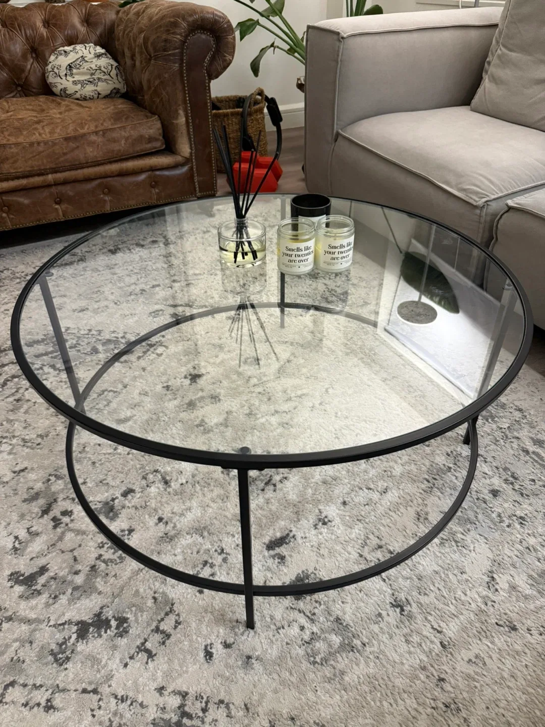 Glass Top Coffee Table with Black Metal Frame