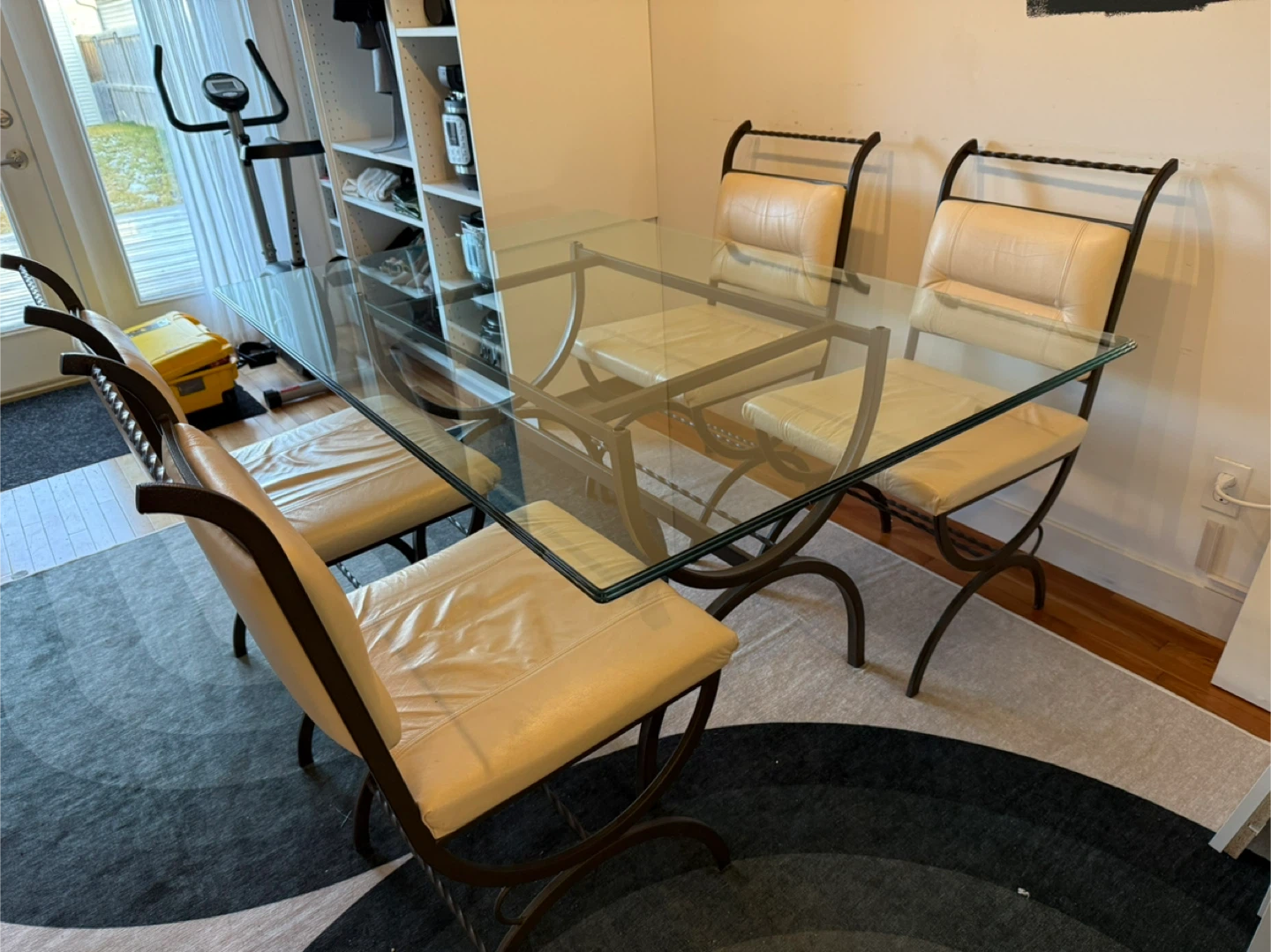 Glass Top Dining Table with 4 Leather Chairs