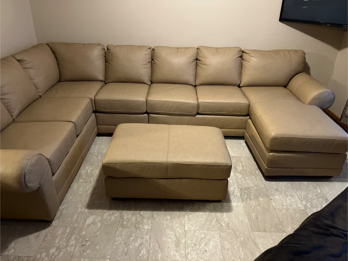 U shape Tan Leather Sectional Couch with Ottoman image indicator(7)