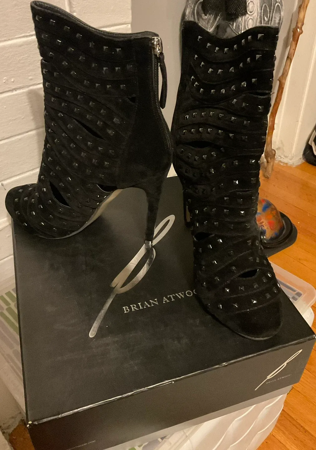 Brian Atwood Black Suede Studded Heeled Booties