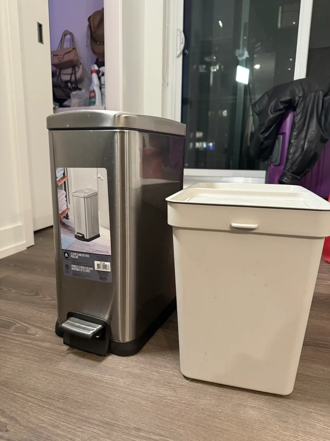 Two Trash Cans - Grey and stainless steel