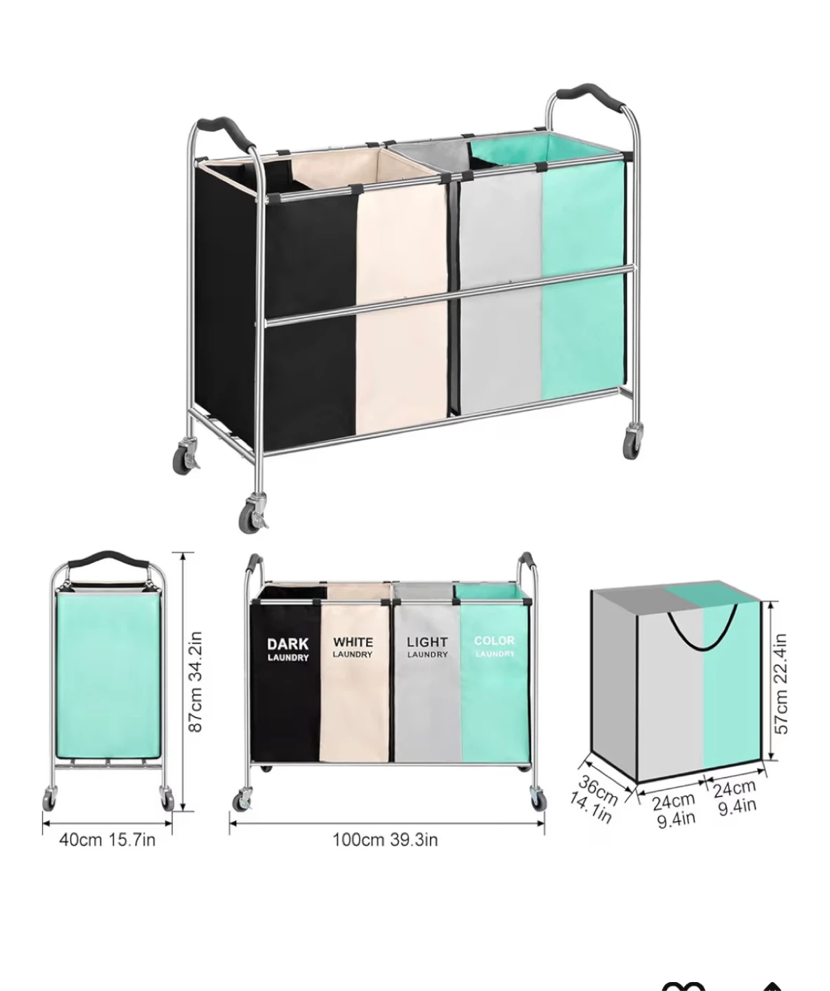 Rolling Laundry Hamper - 4 Large Bags - photo 2