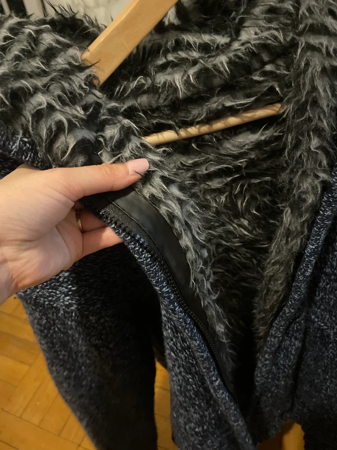 Blue Knit Hoodie with Faux Fur Lining image indicator(2)