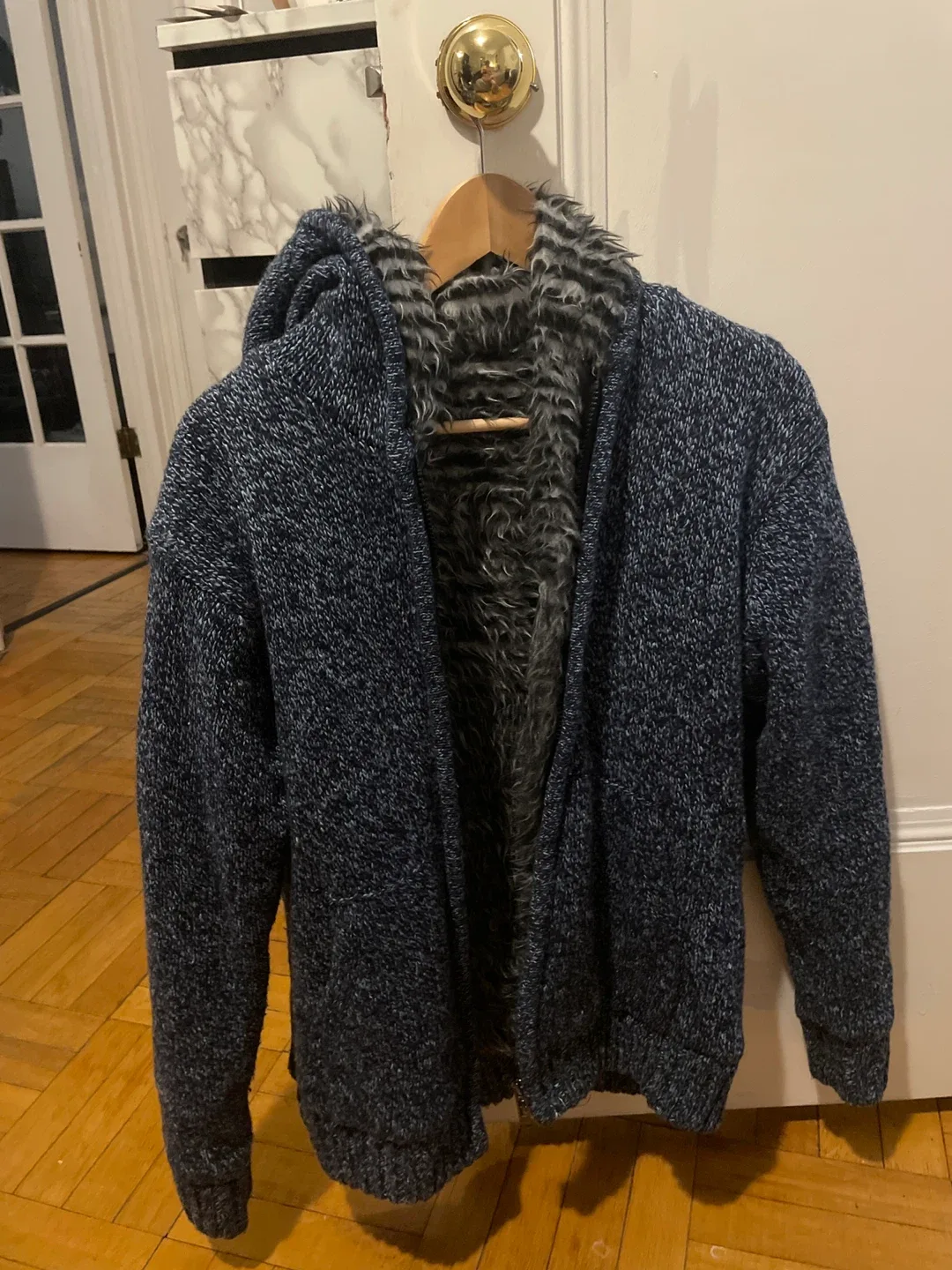 Blue Knit Hoodie with Faux Fur Lining