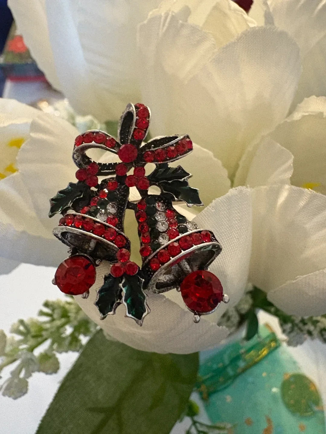 Beautiful Christmas Bell Brooch - Red & Silver image indicator(3)