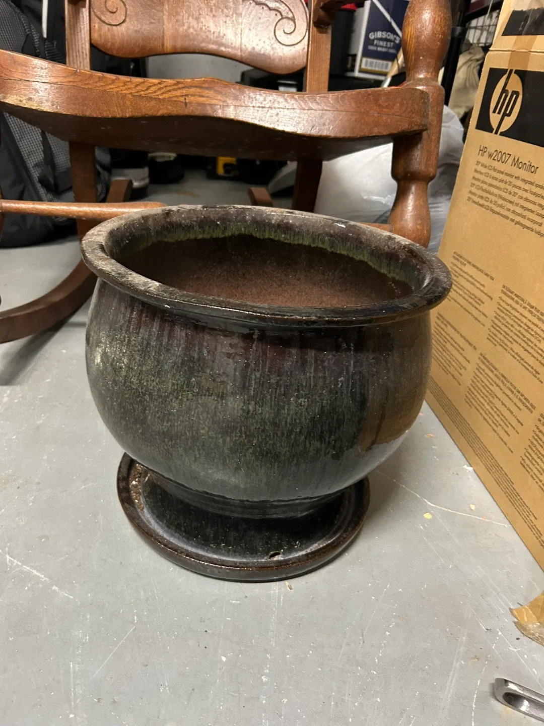 Dark Green Ceramic Planter with Base thumbnail