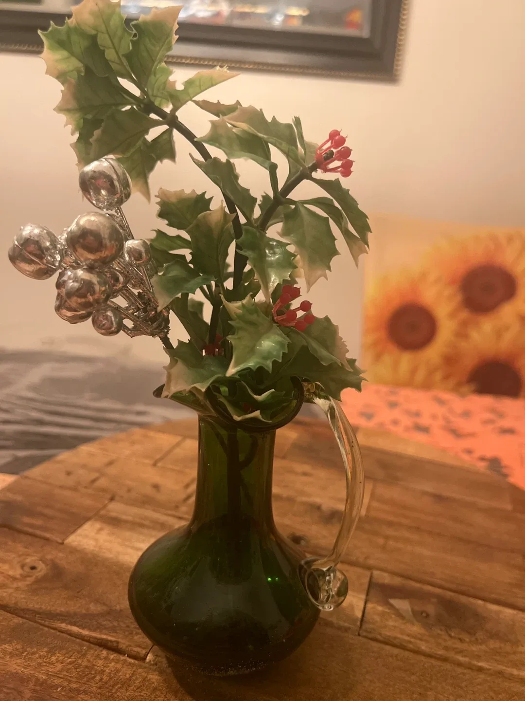 Green Glass Vase with Holly