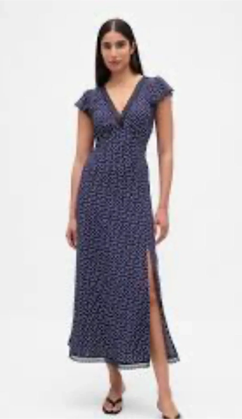 Lace trim V-neck Crepe Maxi Dress image indicator(2)