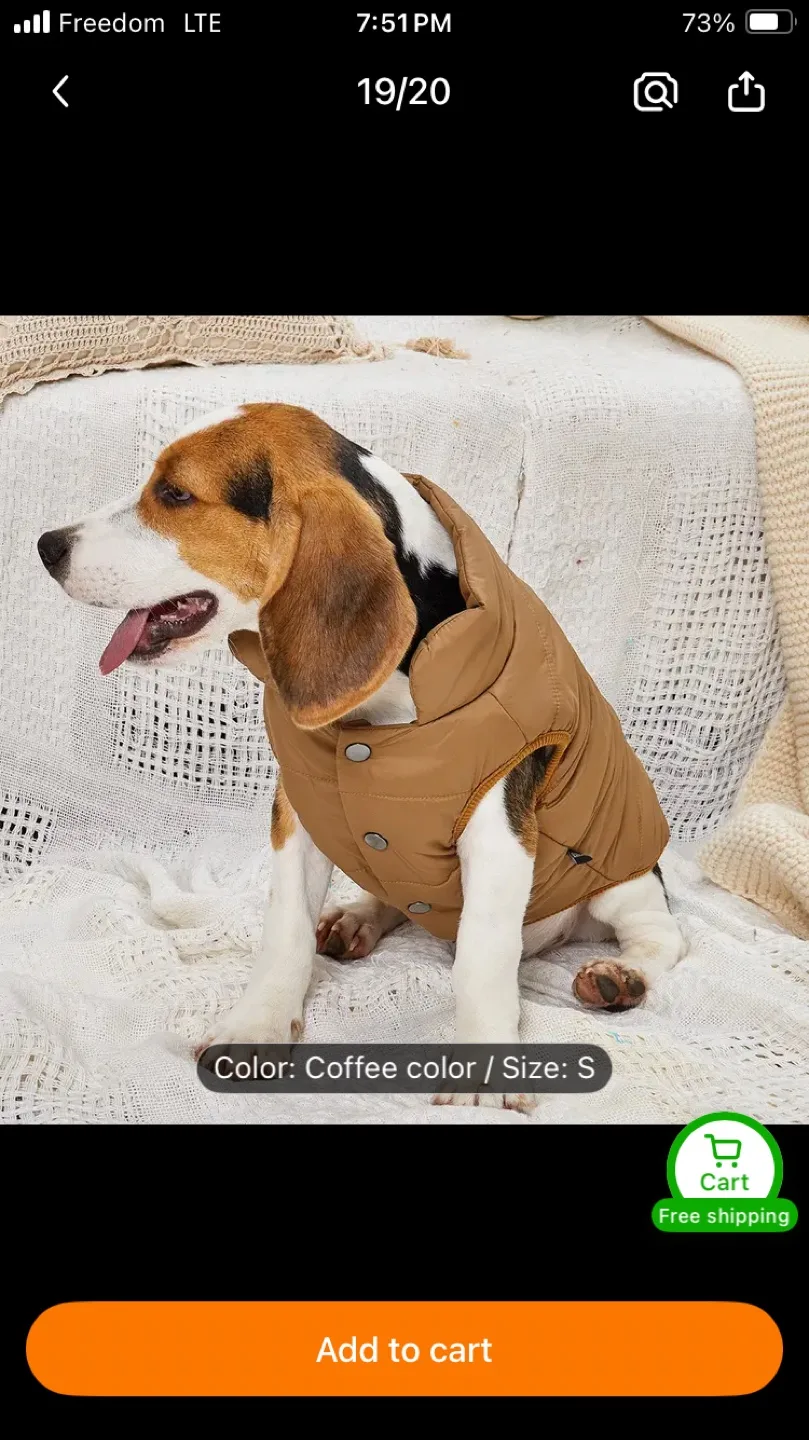 Dog Puffer Vest - Coffee Colour, Size Small