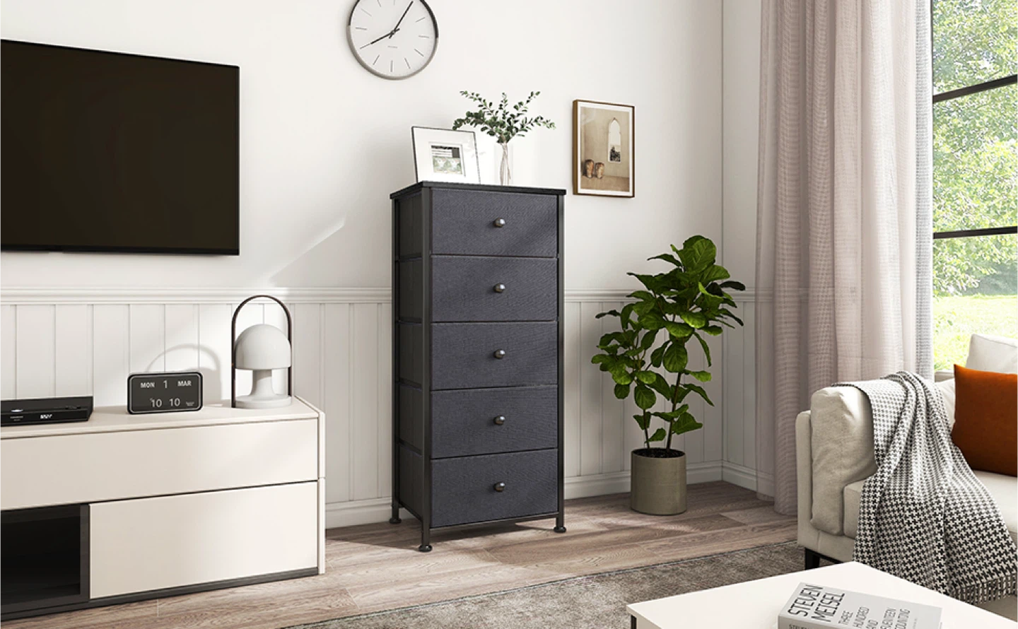 REAHOME 5- fabric Drawer Modern Dresser - Black