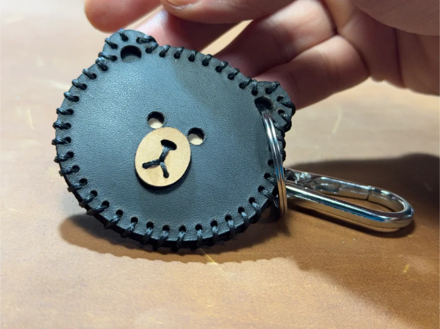 Cute Bear Keychain - Black Leather